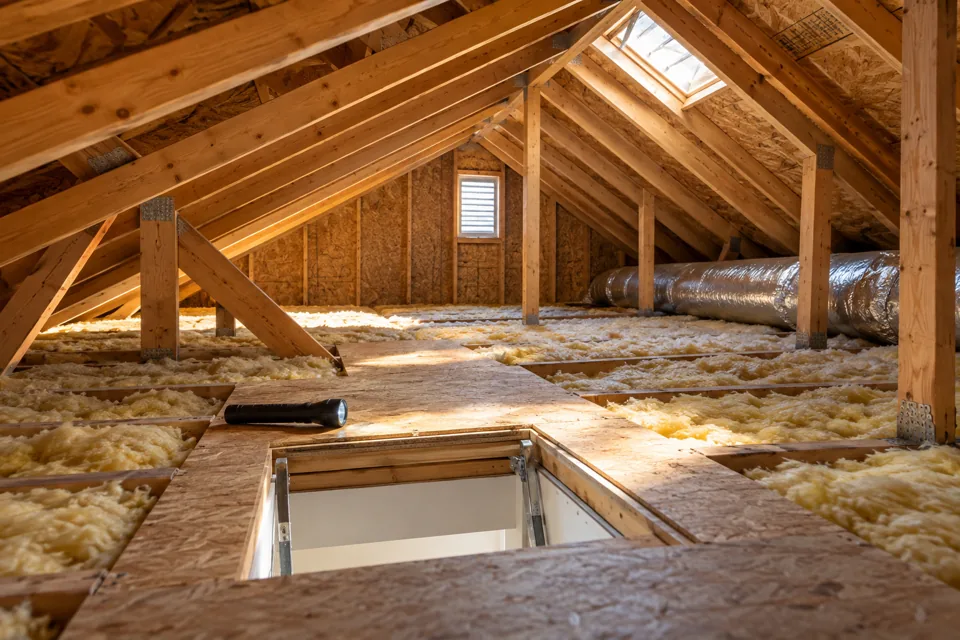 Residential attic access and rafters prepared for inspection