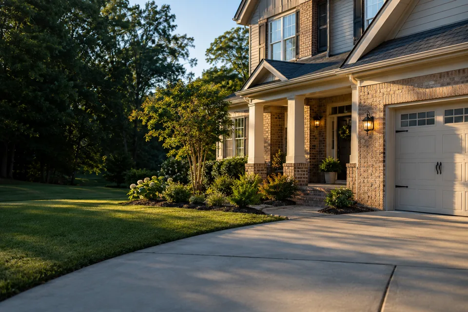 Rodent Control Fayetteville website cover with location-neutral traditional brick and siding suburban house with a porch, planted garden and garage threshold