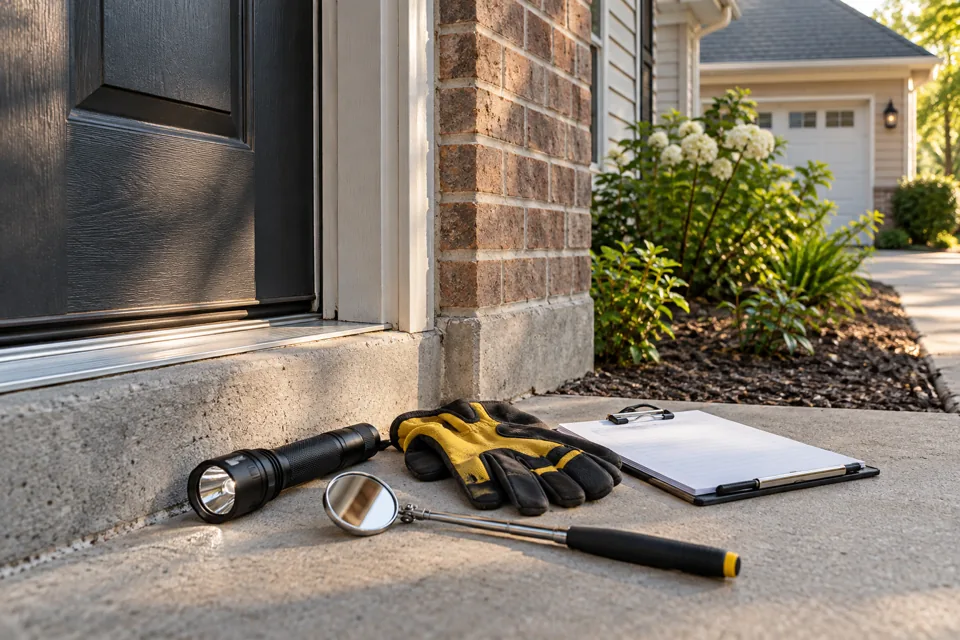 Flashlight, mirror and gloves beside a side-door threshold