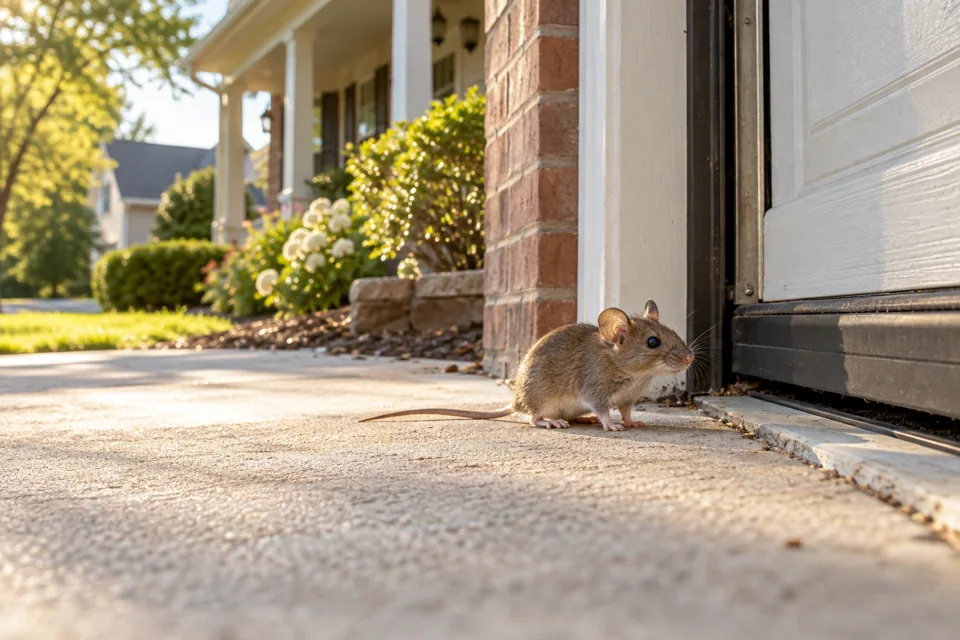 House mouse beside an exterior garage threshold