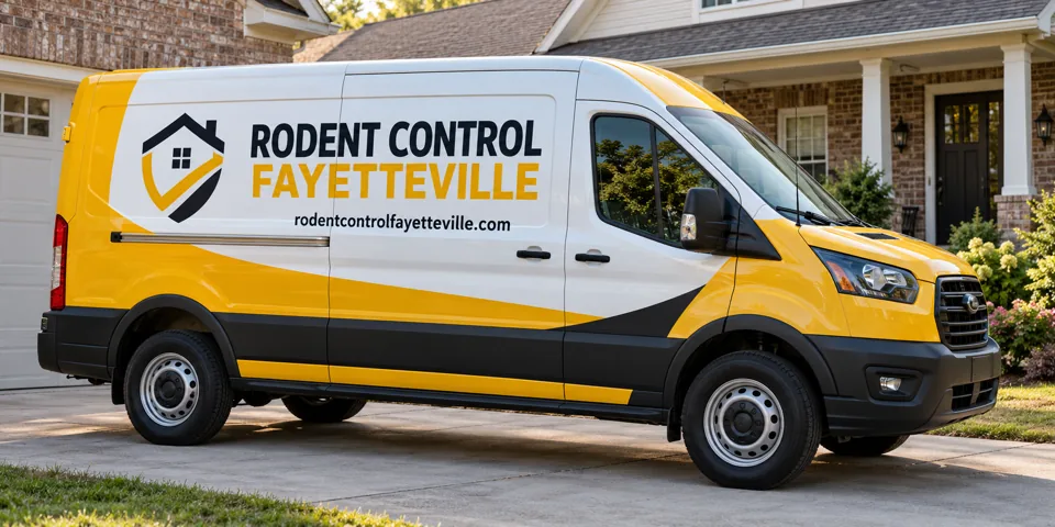 Rodent Control Fayetteville branded van beside a home